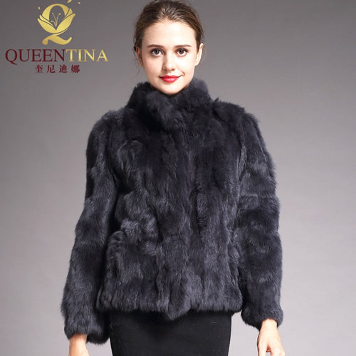 2019 Abrigo de piel real de alta calidad Moda Abrigos de piel de conejo genuinos Mujeres elegantes Outwear de invierno Collar de pie Chaqueta de piel de conejo